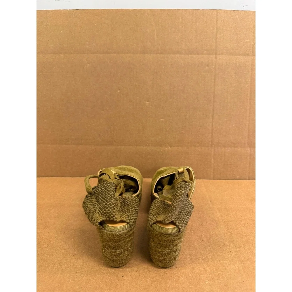 Castañer Canvas Wege Platform Espadrilles Sandals Olive Green Womens Size 37 EU